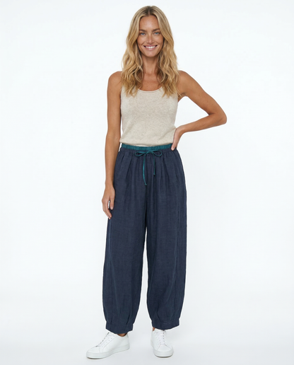 Pantalones de lino de pierna ancha para mujer con cordón