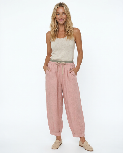 Pantalones de lino de pierna ancha para mujer con cordón