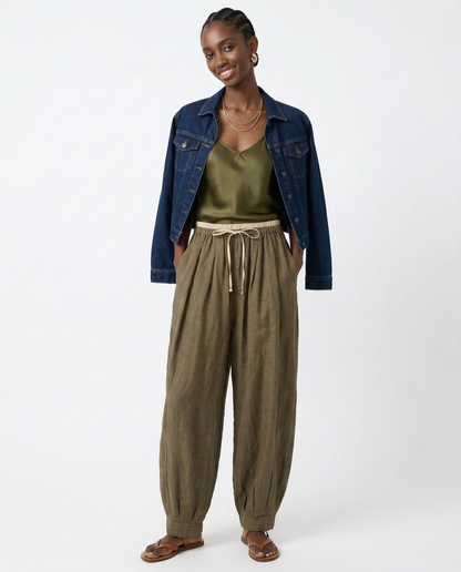 Pantalones de lino de pierna ancha para mujer con cordón