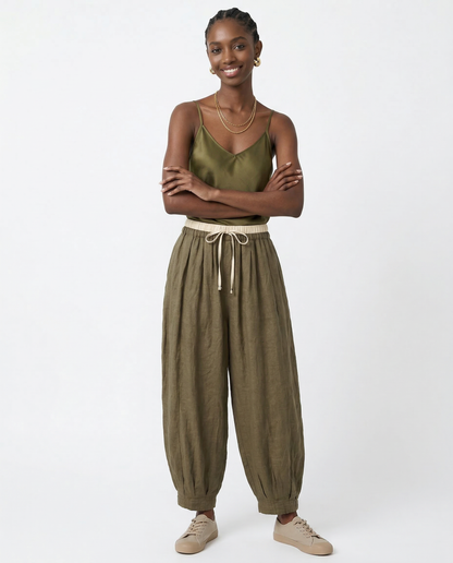 Pantalones de lino de pierna ancha para mujer con cordón