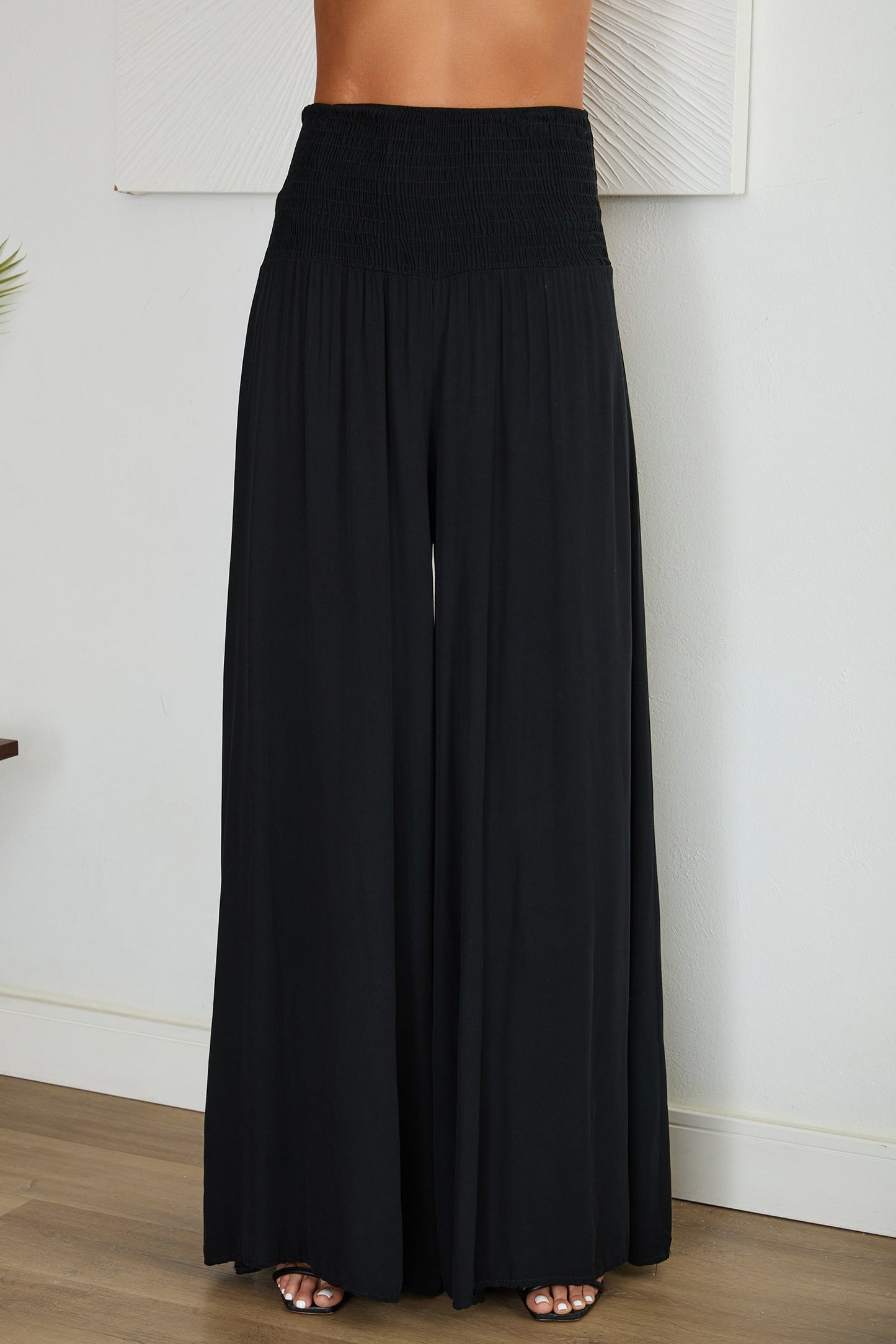 Pantalones de pierna ancha con cintura fruncida para mujer