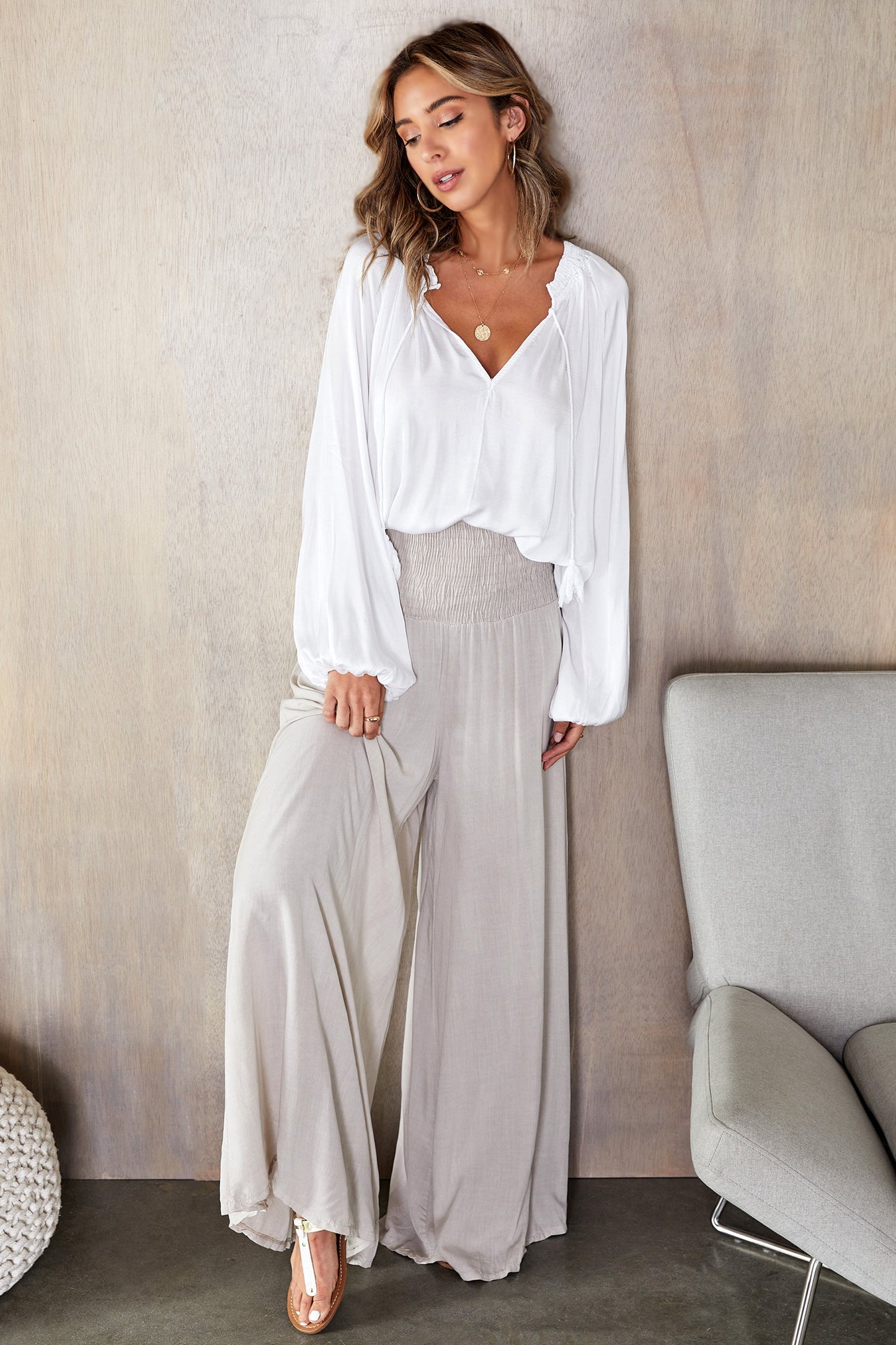 Pantalones de pierna ancha con cintura fruncida para mujer