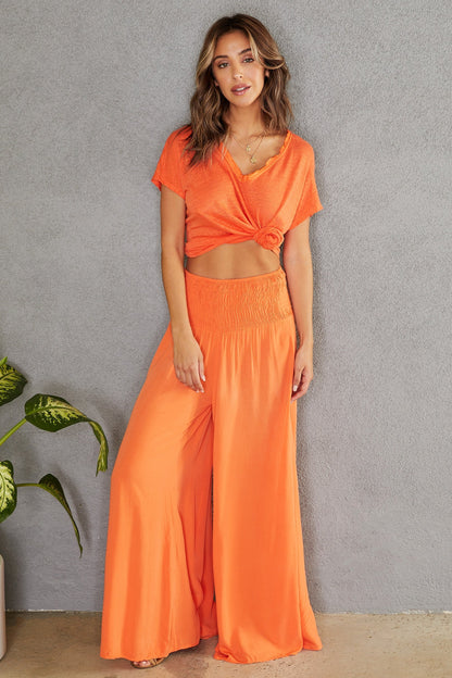 Pantalones de pierna ancha con cintura fruncida para mujer