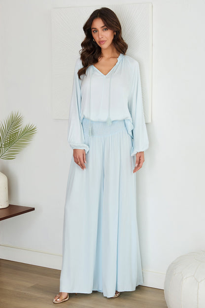 Pantalones de pierna ancha con cintura fruncida para mujer
