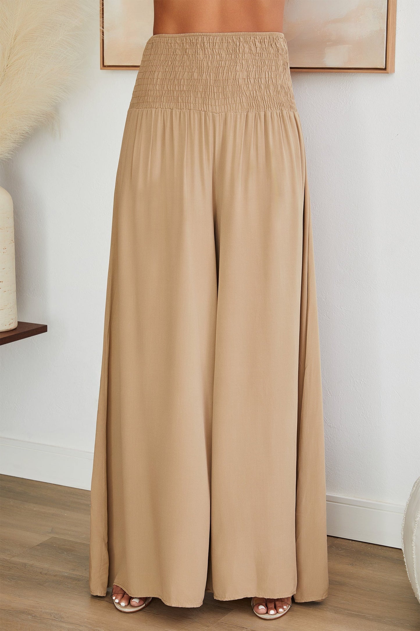 Pantalones de pierna ancha con cintura fruncida para mujer