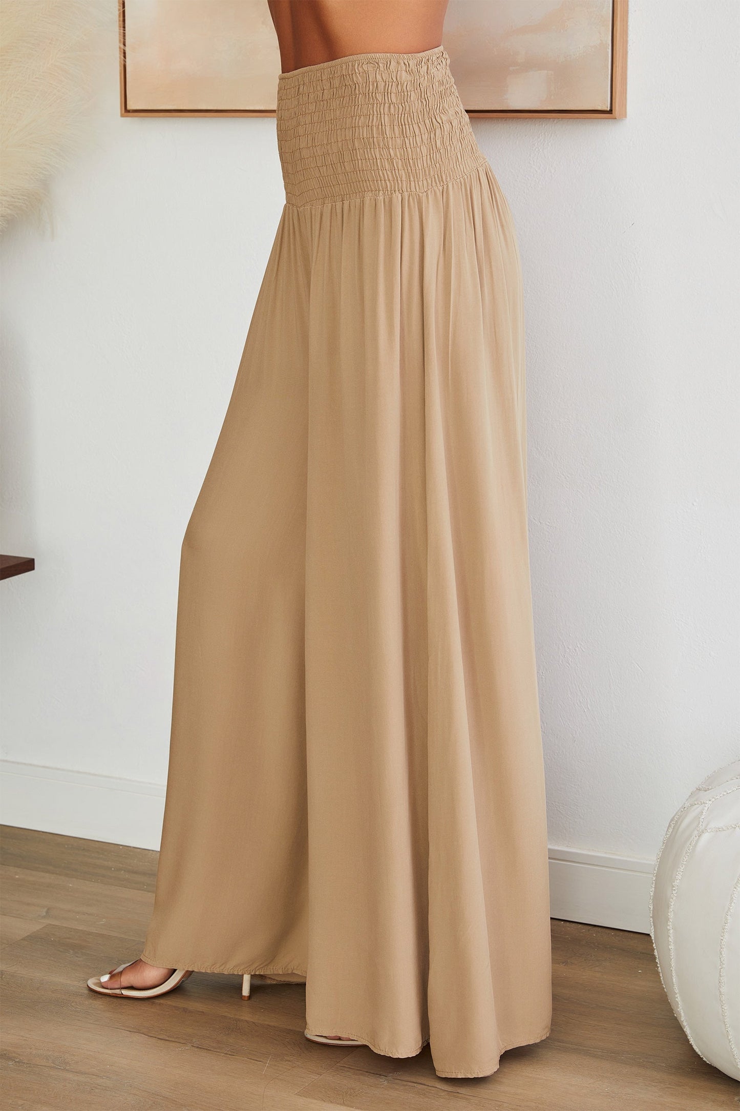 Pantalones de pierna ancha con cintura fruncida para mujer