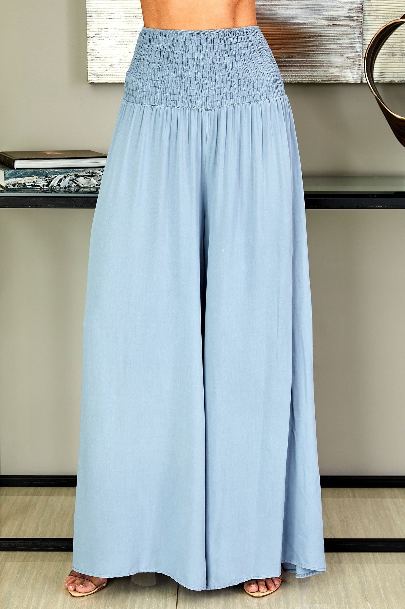 Pantalones de pierna ancha con cintura fruncida para mujer