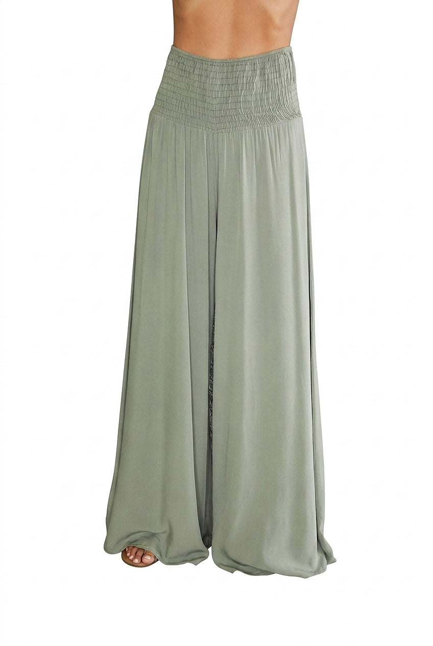 Pantalones de pierna ancha con cintura fruncida para mujer