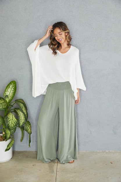 Pantalones de pierna ancha con cintura fruncida para mujer