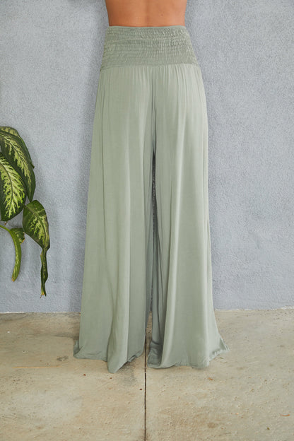 Pantalones de pierna ancha con cintura fruncida para mujer