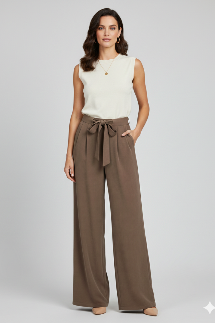 Pantalones de pierna ancha para mujer con cinturón de lazo