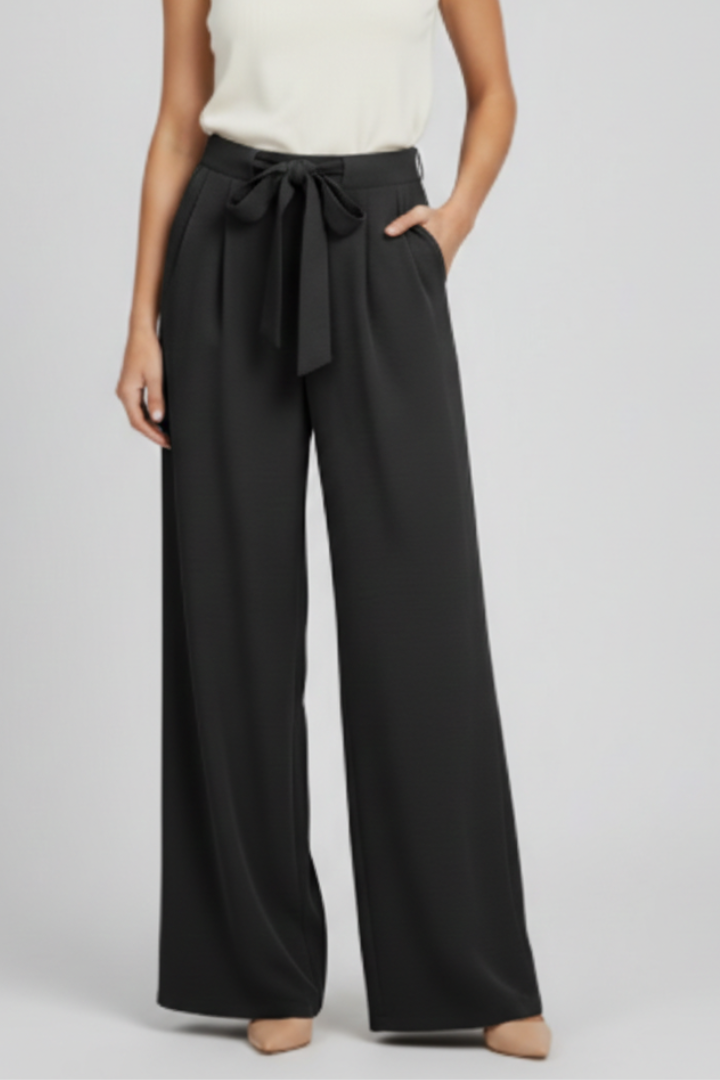 Pantalones de pierna ancha para mujer con cinturón de lazo