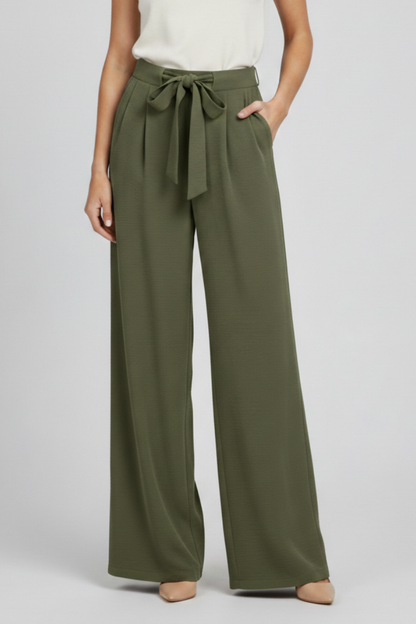 Pantalones de pierna ancha para mujer con cinturón de lazo