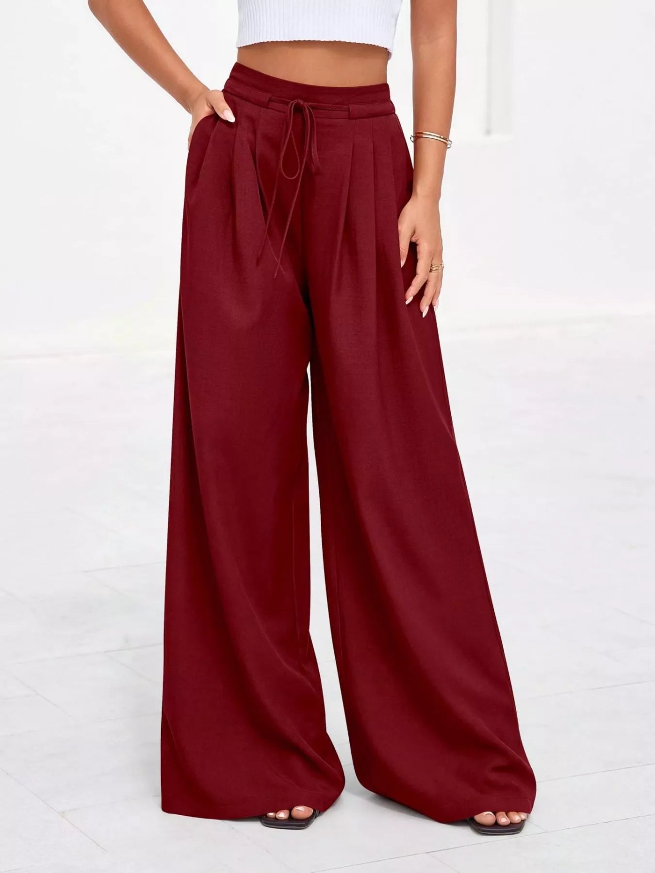 Pantalones de pierna ancha y cintura alta con pliegues para mujer