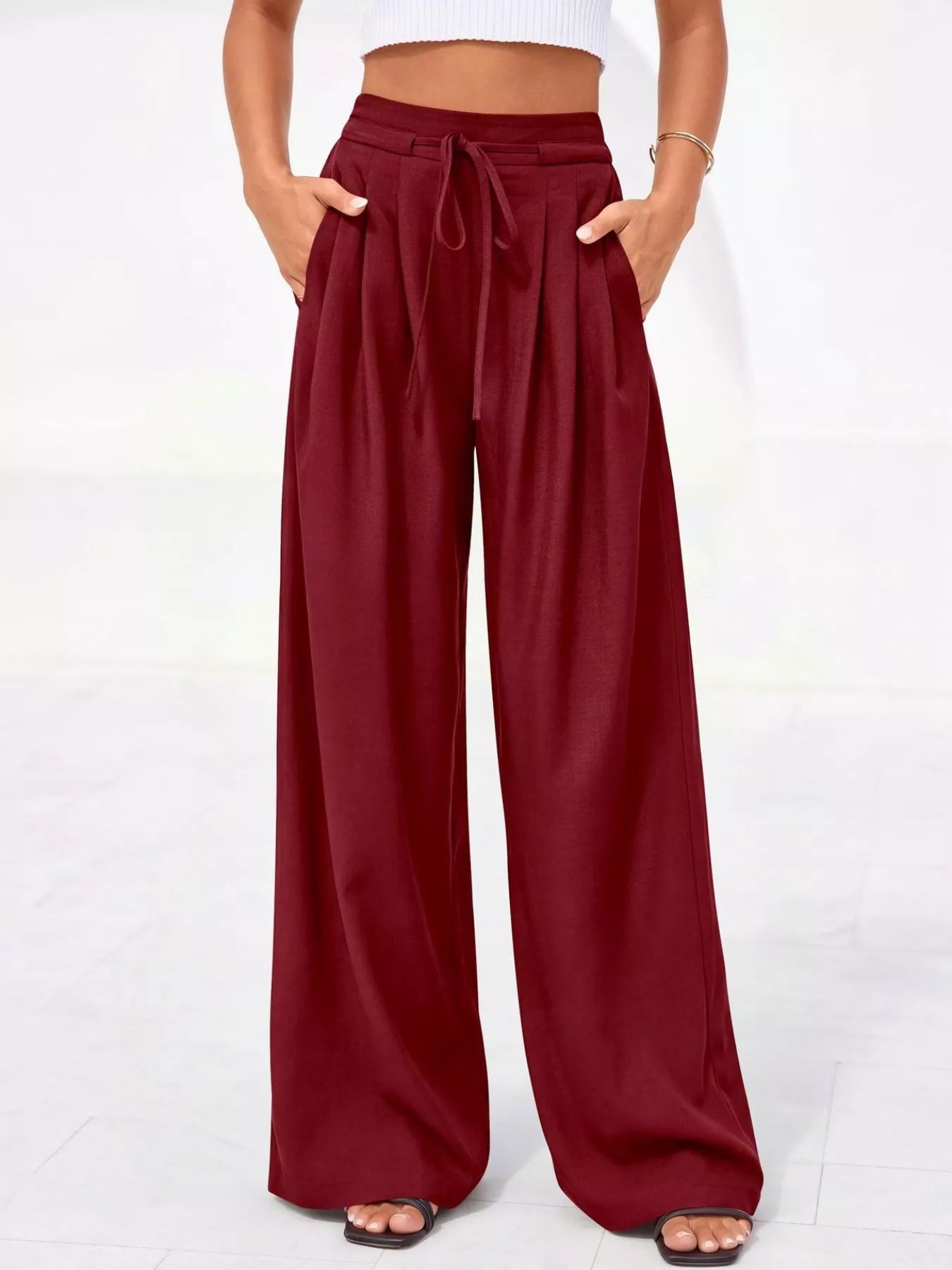 Pantalones de pierna ancha y cintura alta con pliegues para mujer