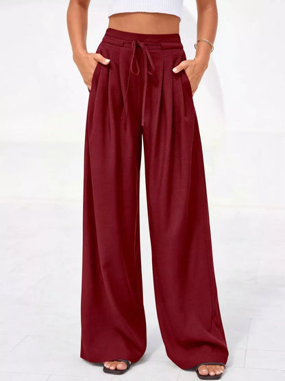 Pantalones de pierna ancha y cintura alta con pliegues para mujer