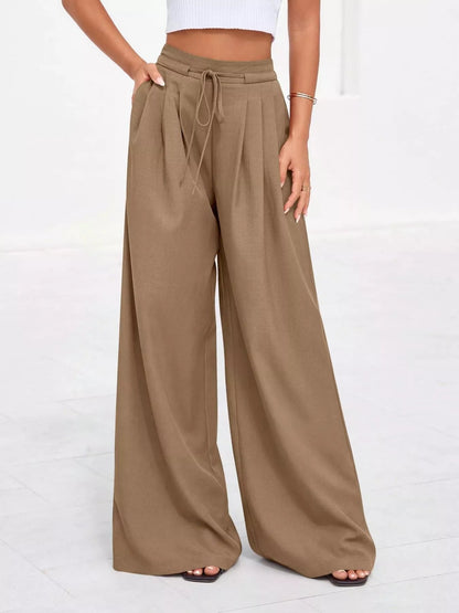 Pantalones de pierna ancha y cintura alta con pliegues para mujer
