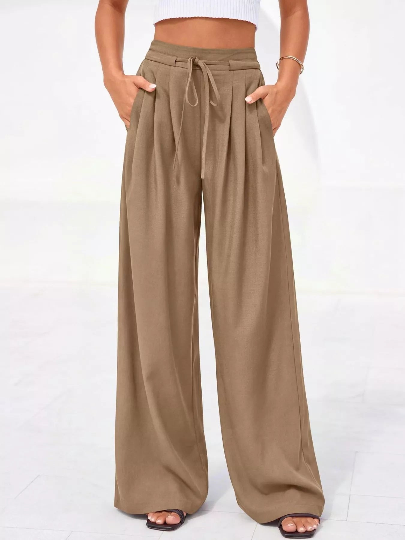 Pantalones de pierna ancha y cintura alta con pliegues para mujer
