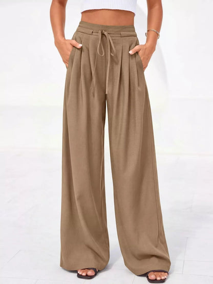 Pantalones de pierna ancha y cintura alta con pliegues para mujer