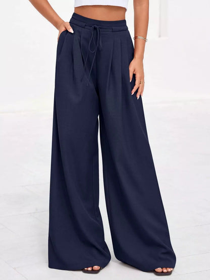Pantalones de pierna ancha y cintura alta con pliegues para mujer