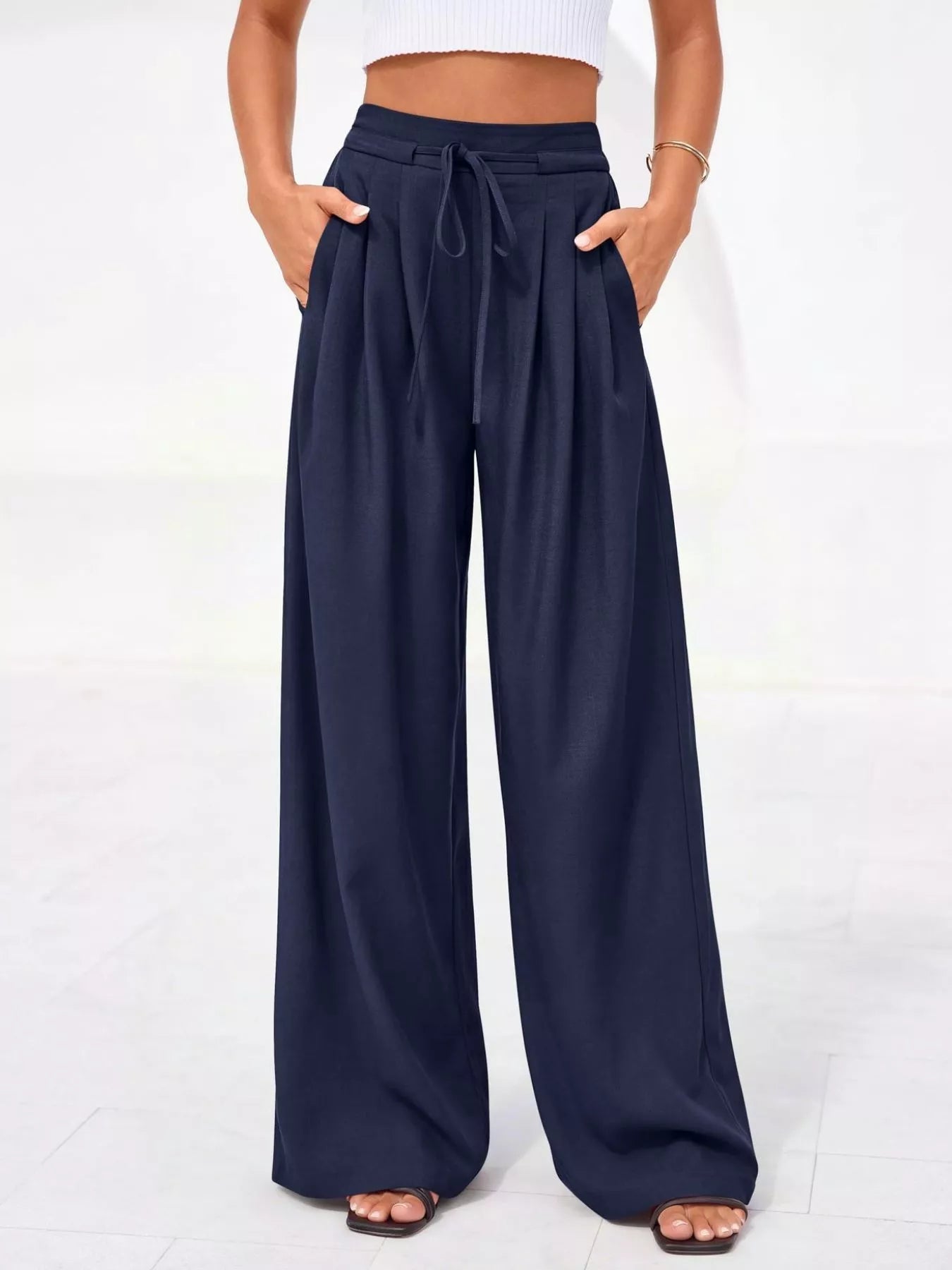 Pantalones de pierna ancha y cintura alta con pliegues para mujer