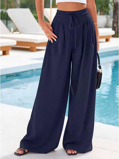 Pantalones de pierna ancha y cintura alta con pliegues para mujer