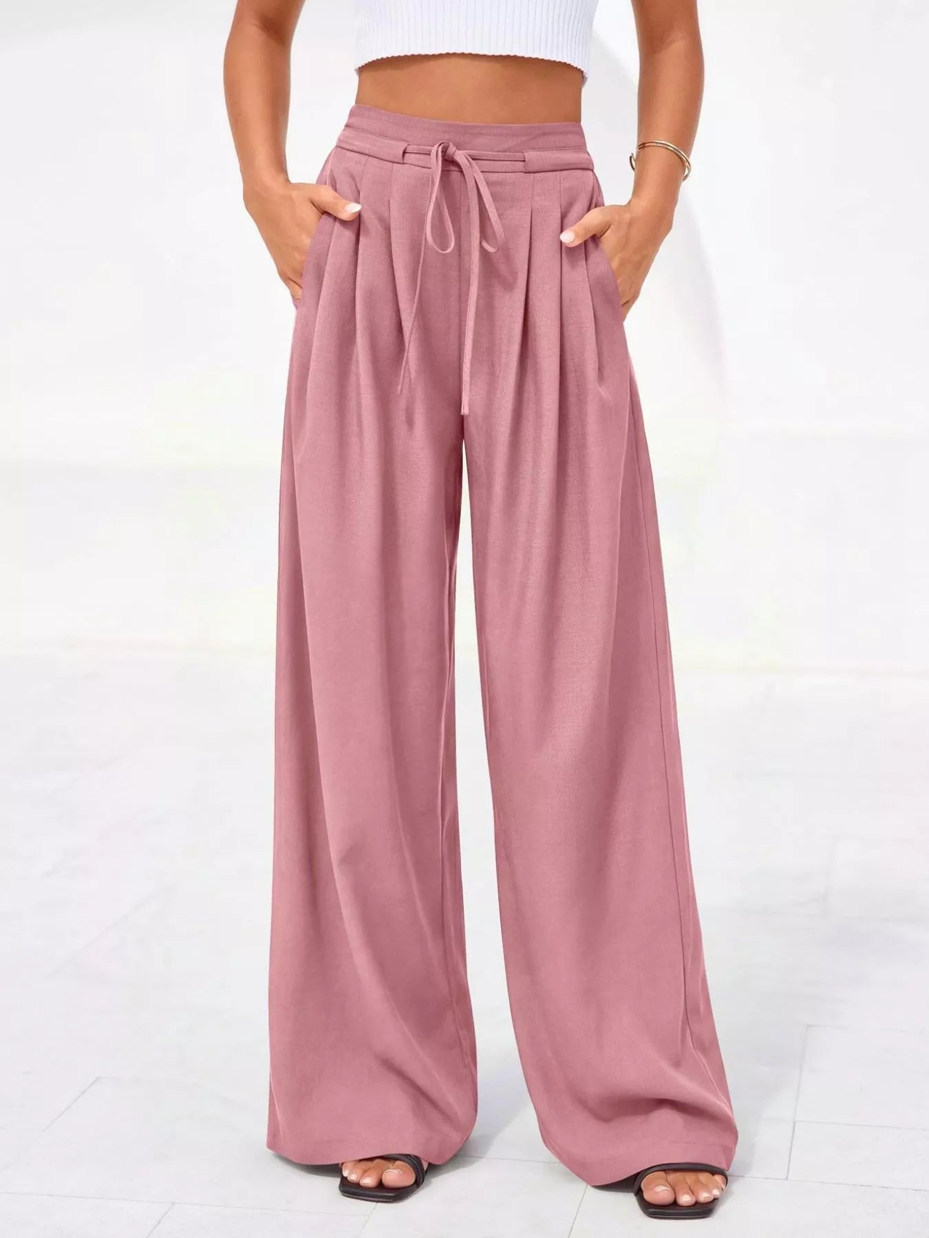 Pantalones de pierna ancha y cintura alta con pliegues para mujer