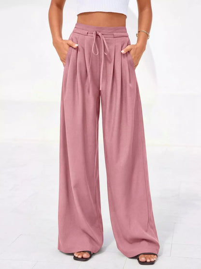 Pantalones de pierna ancha y cintura alta con pliegues para mujer