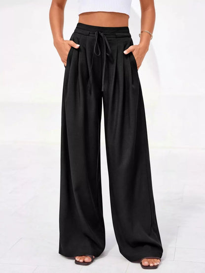 Pantalones de pierna ancha y cintura alta con pliegues para mujer
