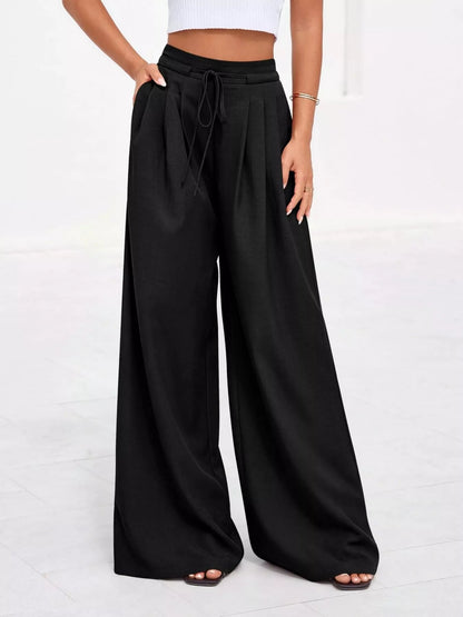 Pantalones de pierna ancha y cintura alta con pliegues para mujer