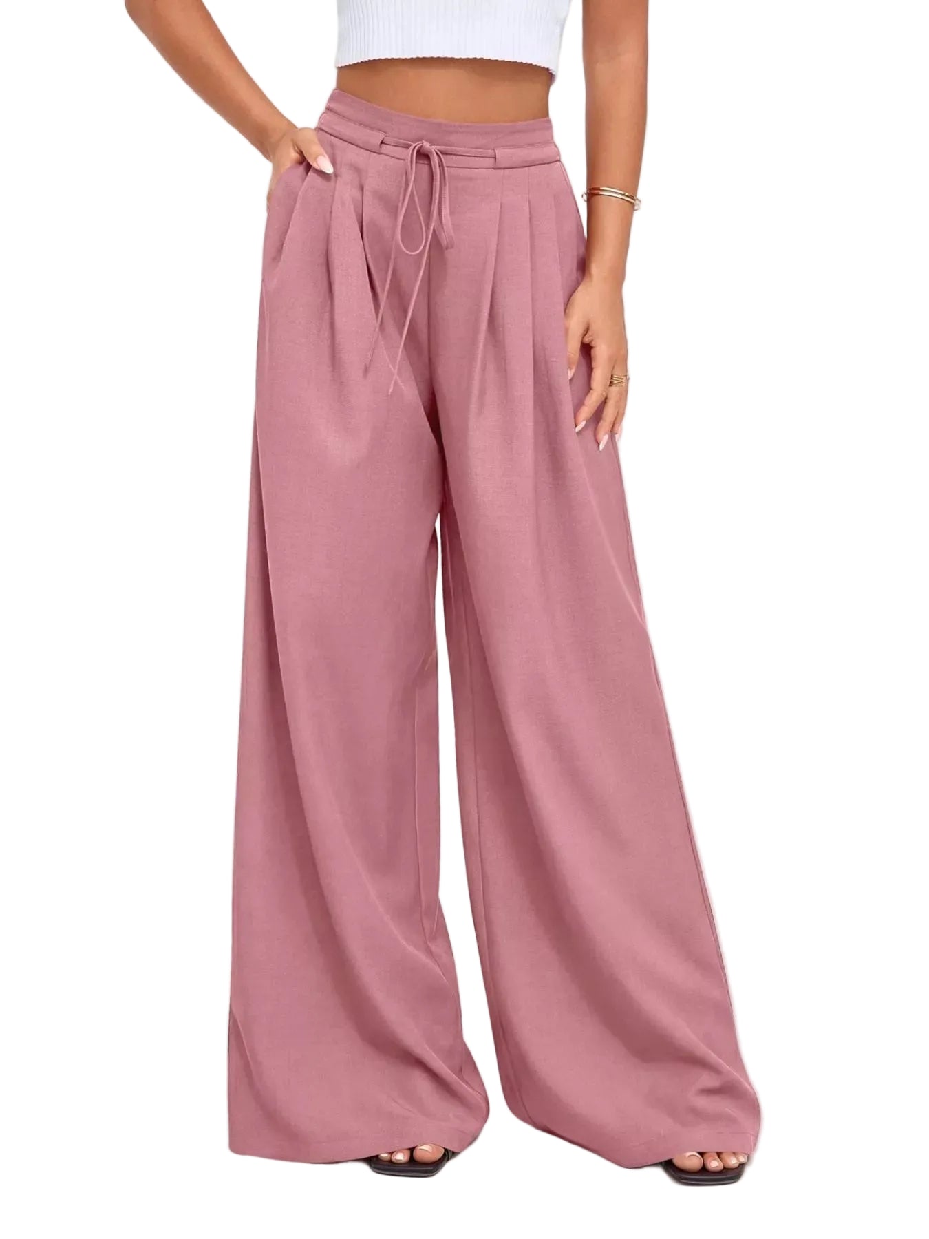 Pantalones de pierna ancha y cintura alta con pliegues para mujer
