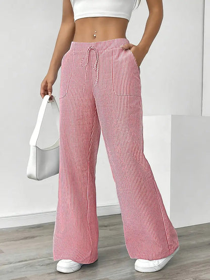 Pantalones de rayas de pierna ancha con cordón para mujer