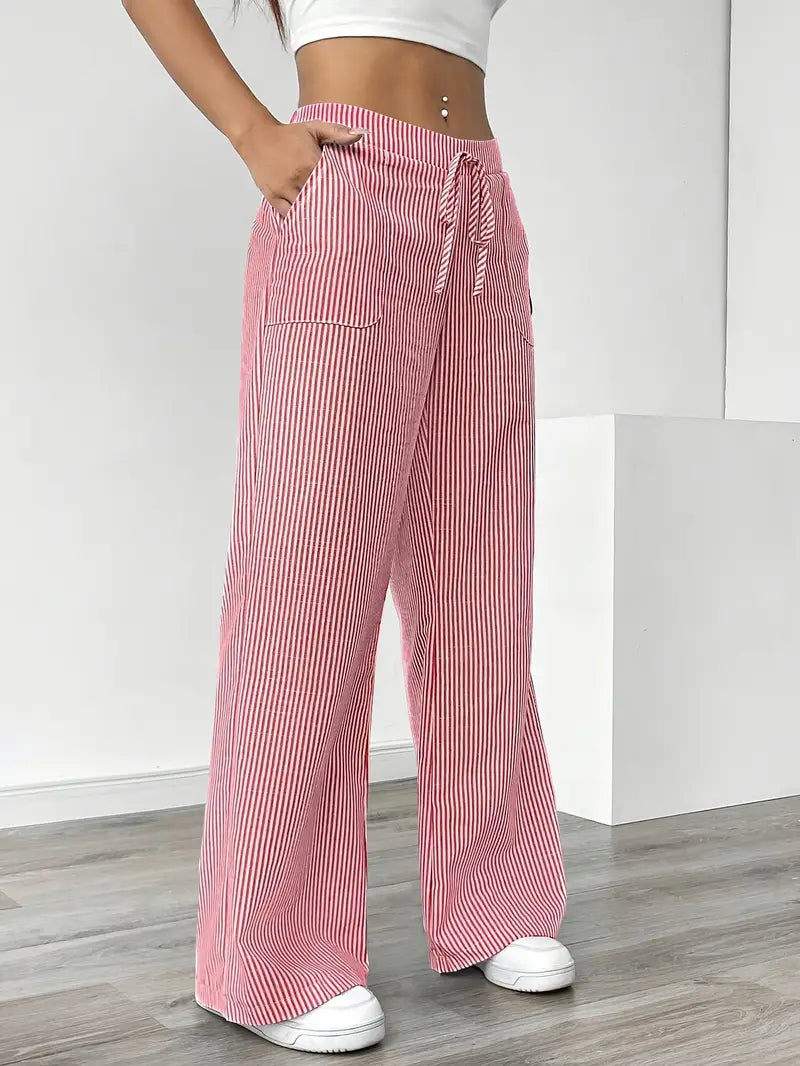 Pantalones de rayas de pierna ancha con cordón para mujer