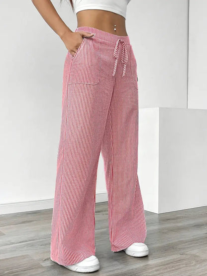 Pantalones de rayas de pierna ancha con cordón para mujer