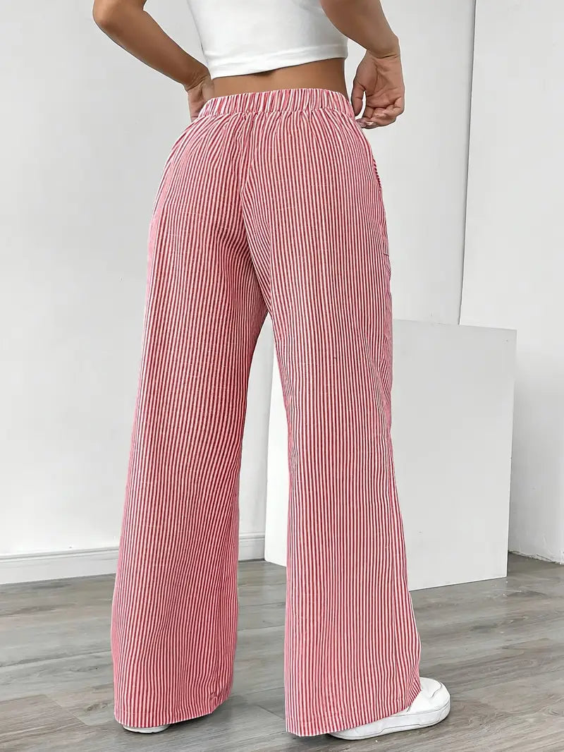Pantalones de rayas de pierna ancha con cordón para mujer