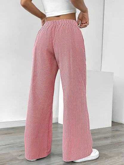 Pantalones de rayas de pierna ancha con cordón para mujer