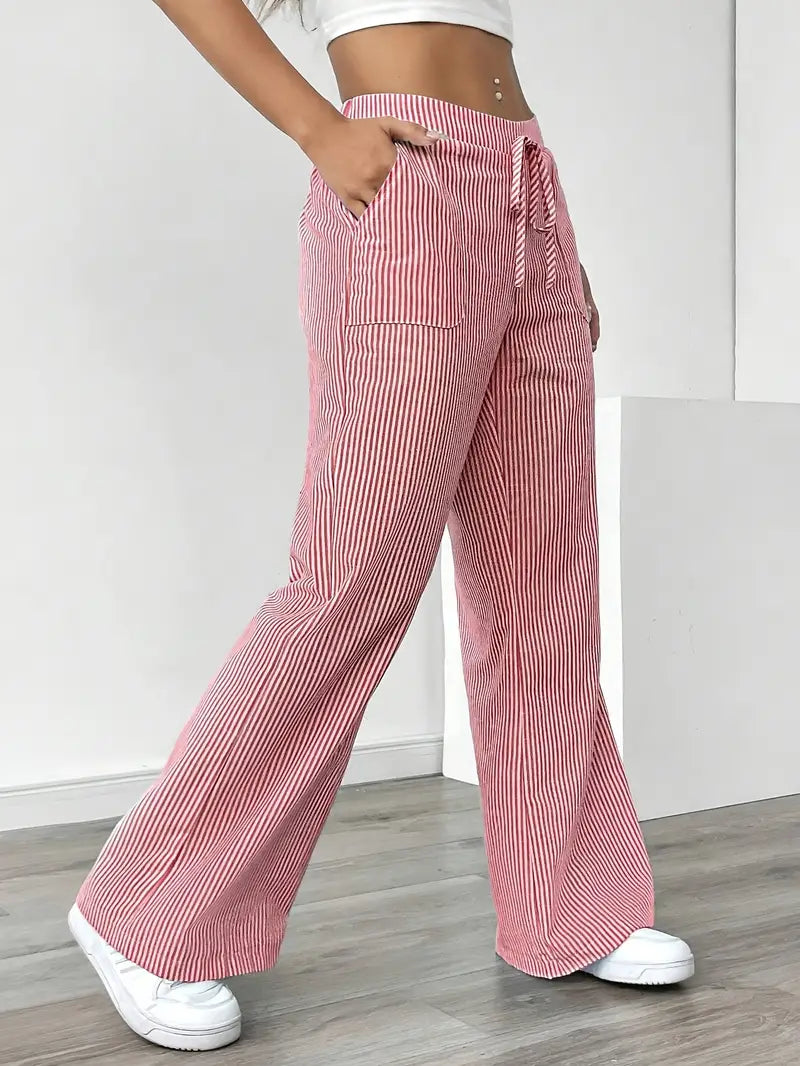 Pantalones de rayas de pierna ancha con cordón para mujer