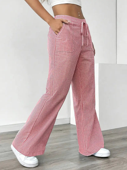 Pantalones de rayas de pierna ancha con cordón para mujer
