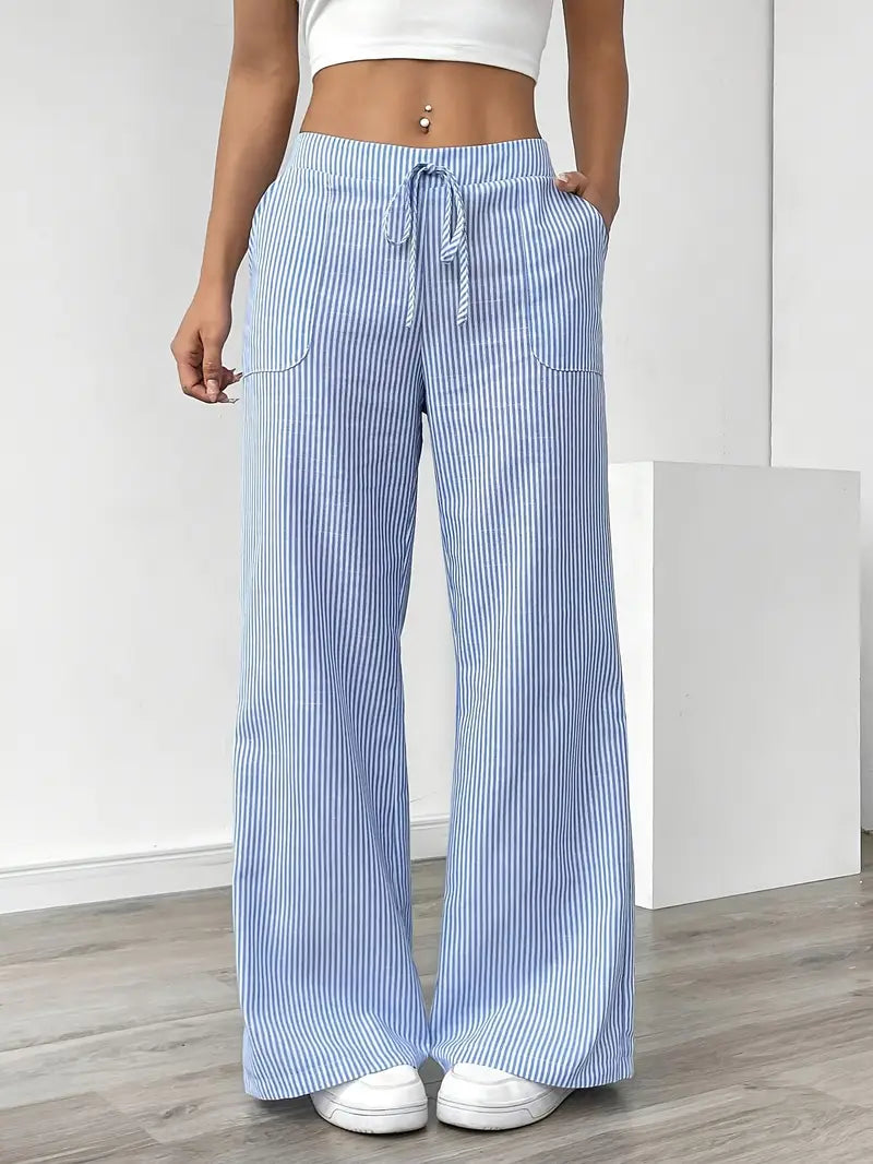 Pantalones de rayas de pierna ancha con cordón para mujer