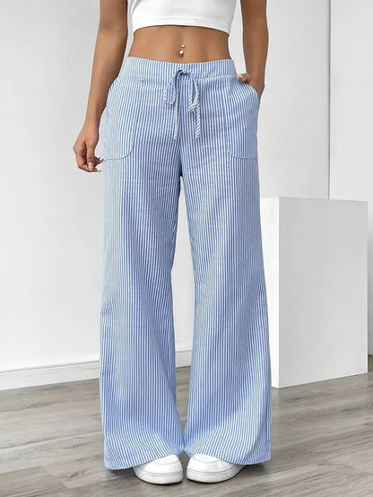 Pantalones de rayas de pierna ancha con cordón para mujer
