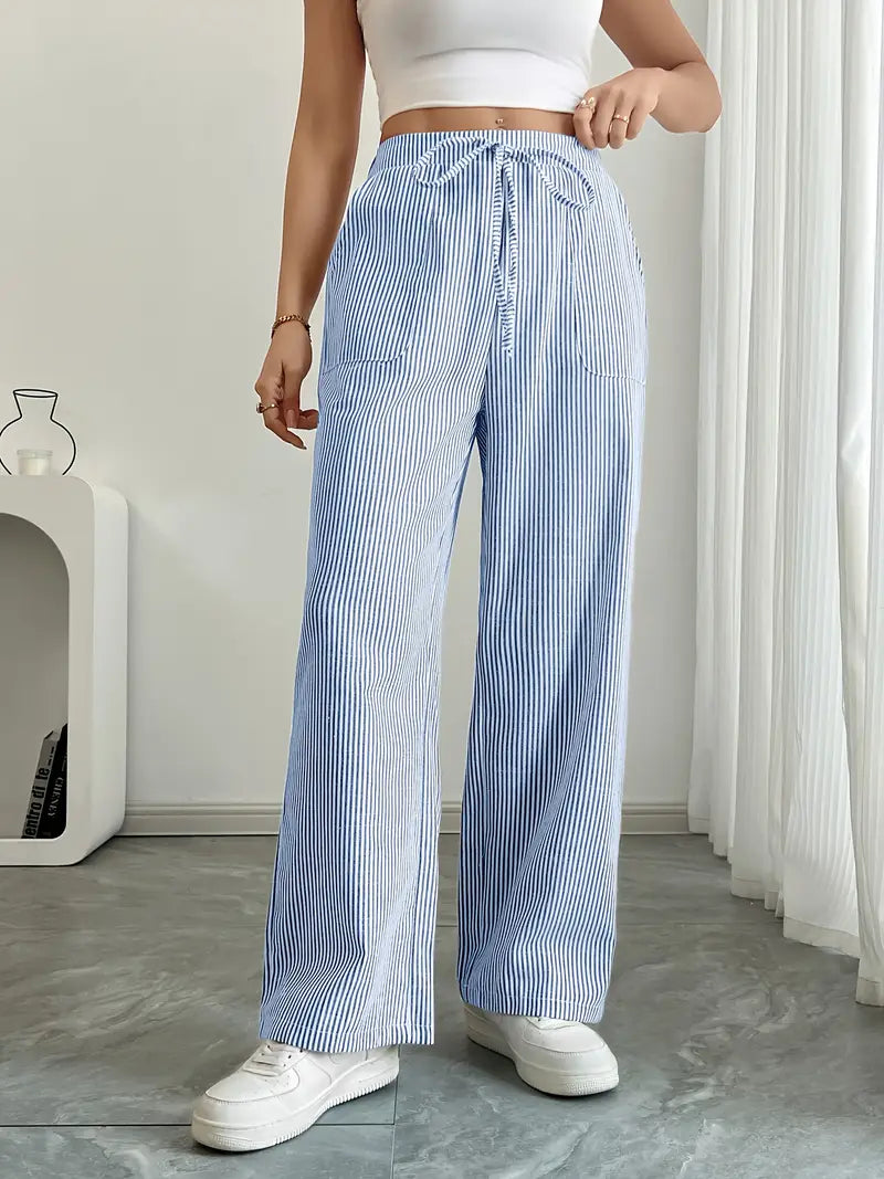 Pantalones de rayas de pierna ancha con cordón para mujer