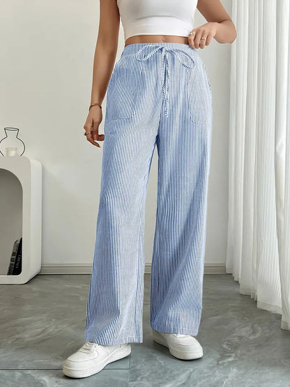 Pantalones de rayas de pierna ancha con cordón para mujer