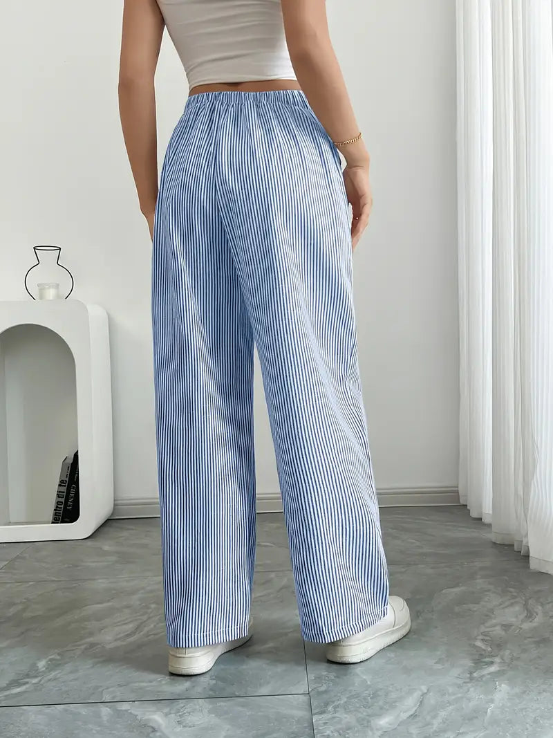 Pantalones de rayas de pierna ancha con cordón para mujer