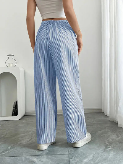 Pantalones de rayas de pierna ancha con cordón para mujer