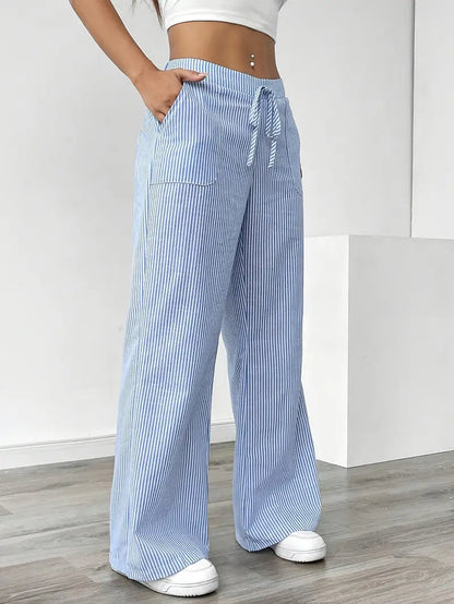 Pantalones de rayas de pierna ancha con cordón para mujer