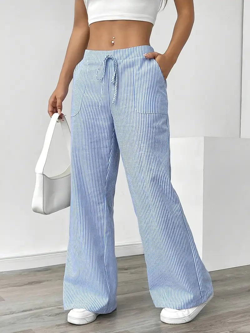 Pantalones de rayas de pierna ancha con cordón para mujer