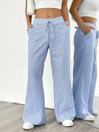 Pantalones de rayas de pierna ancha con cordón para mujer