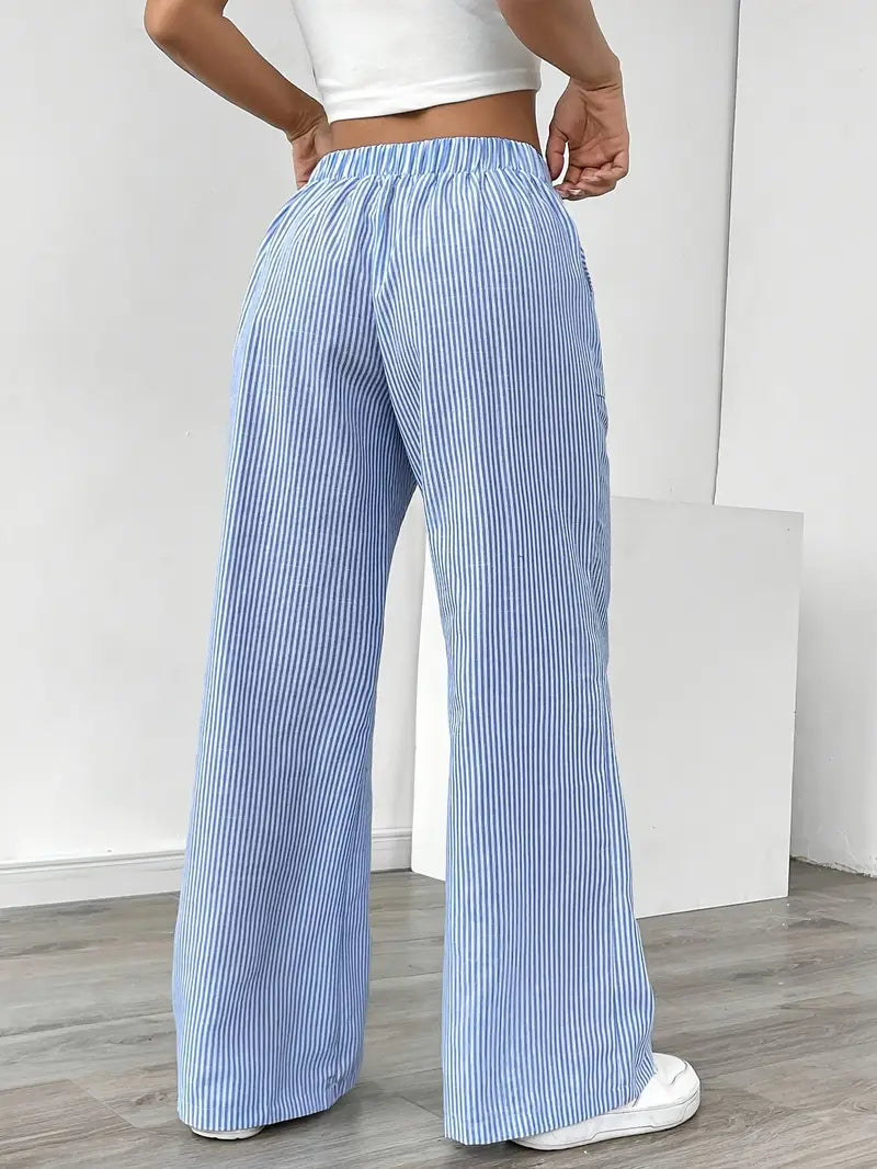 Pantalones de rayas de pierna ancha con cordón para mujer