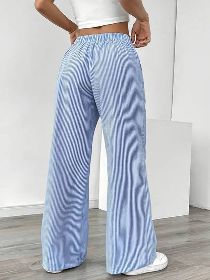 Pantalones de rayas de pierna ancha con cordón para mujer