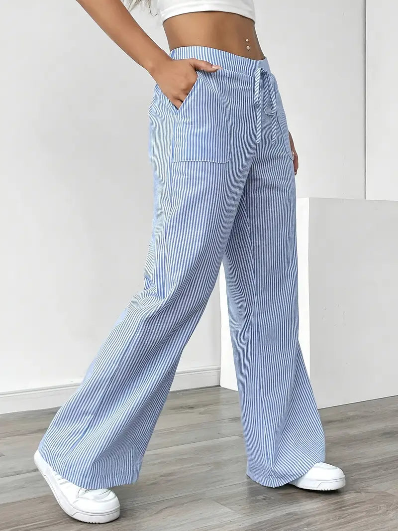 Pantalones de rayas de pierna ancha con cordón para mujer